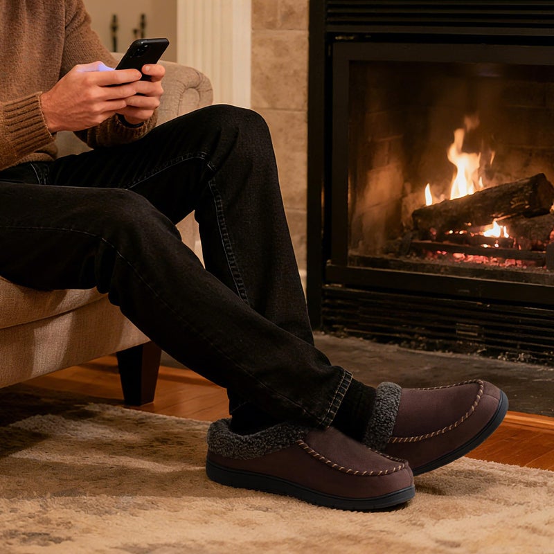 ULTRAIDEAS Men's Warm Fuzzy Moccasin Clog Slipper, Slip on Winter Comfy Indoor/Outdoor House Shoes(Coffee, 9-10) - Image 5